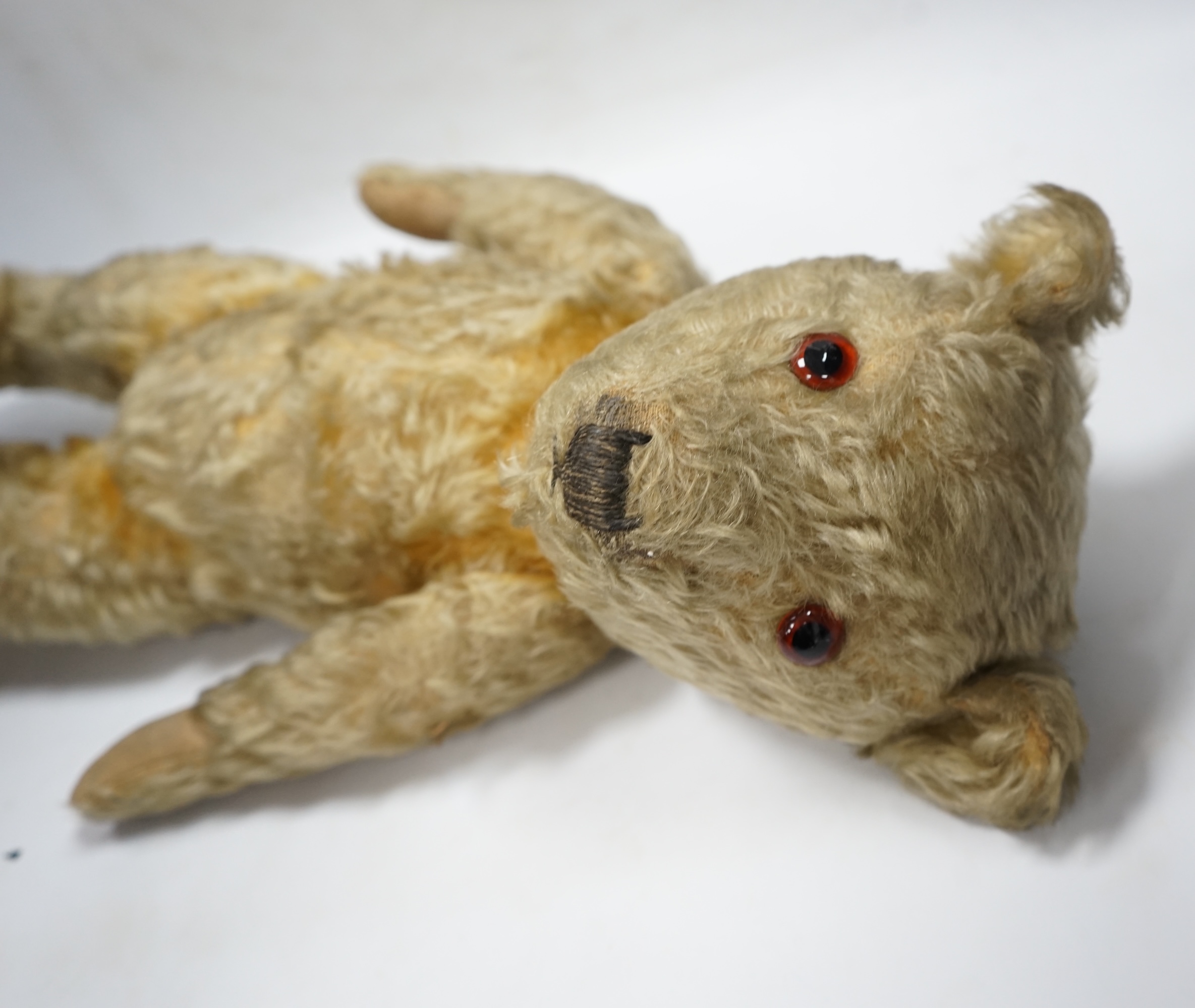 A 1930’s English Teddy bear, gold mohair plush and glass eyes, 49cm. Condition - fair